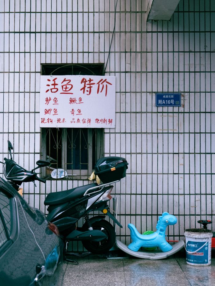 Urban facade featuring a scooter, toy dinosaur, and Chinese sign in a parking area.